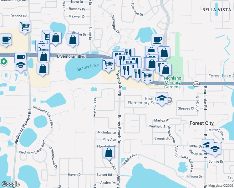 map of restaurants, bars, coffee shops, grocery stores, and more near 2887 Bermuda Avenue South in Apopka