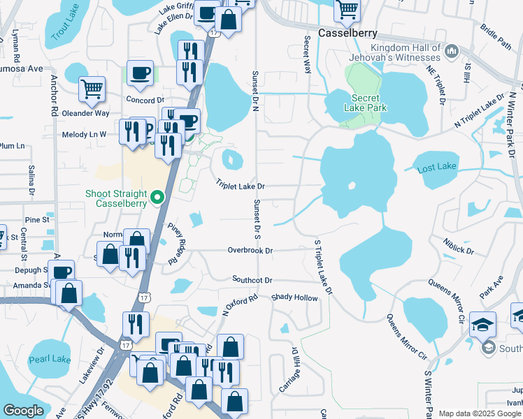 map of restaurants, bars, coffee shops, grocery stores, and more near 119 Sunset Drive South in Casselberry