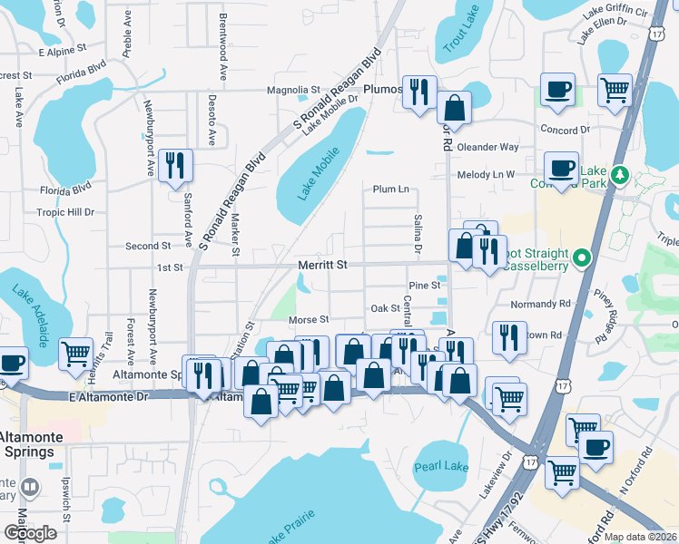 map of restaurants, bars, coffee shops, grocery stores, and more near 1171 Merritt Street in Altamonte Springs