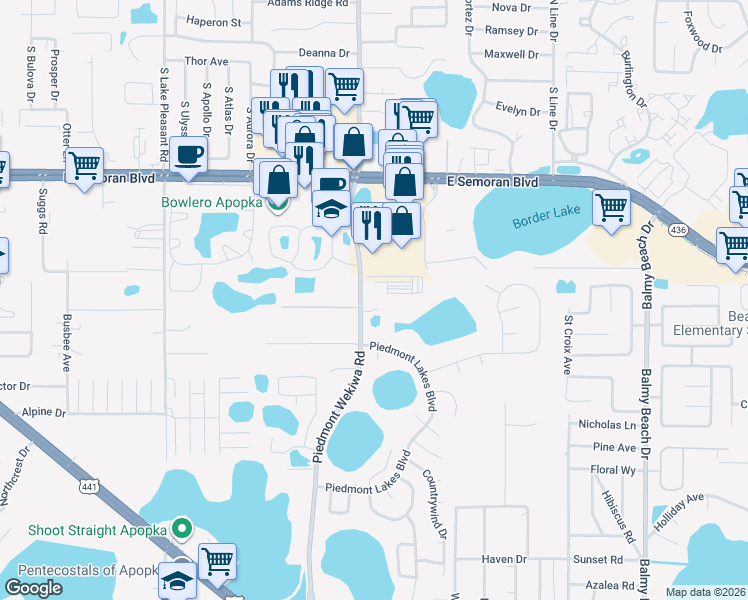 map of restaurants, bars, coffee shops, grocery stores, and more near 750 Piedmont Wekiwa Road in Apopka