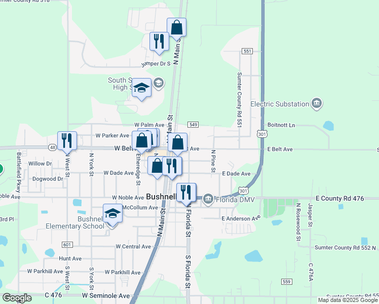 map of restaurants, bars, coffee shops, grocery stores, and more near 476 North Florida Street in Bushnell