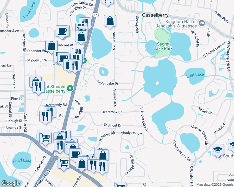 map of restaurants, bars, coffee shops, grocery stores, and more near 119 Sunset Drive South in Casselberry