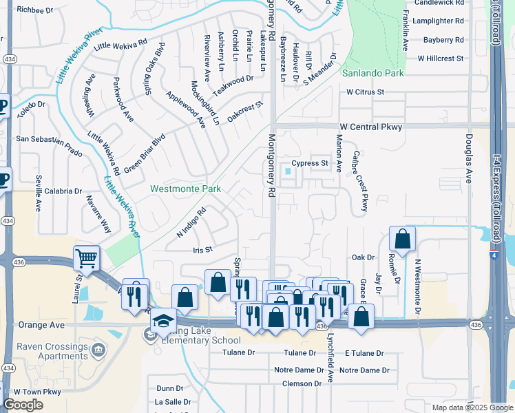 map of restaurants, bars, coffee shops, grocery stores, and more near 406 South Netherwood Crescent in Altamonte Springs