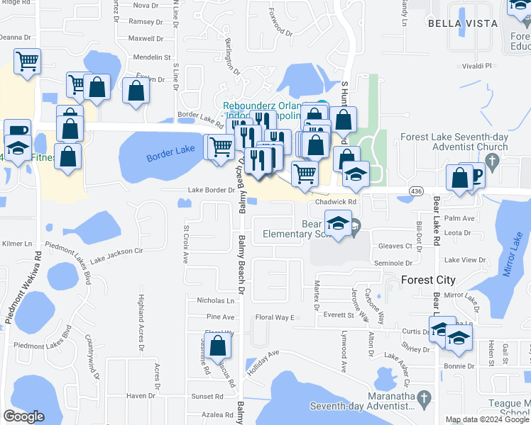 map of restaurants, bars, coffee shops, grocery stores, and more near 3029 Orleans Way North in Apopka