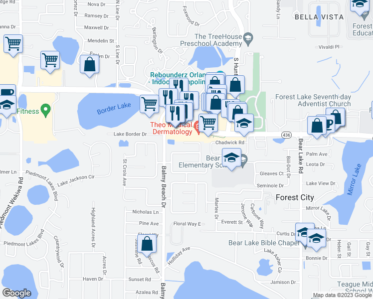 map of restaurants, bars, coffee shops, grocery stores, and more near 3037 Orleans Way North in Apopka