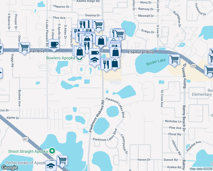 map of restaurants, bars, coffee shops, grocery stores, and more near 791 Piedmont Wekiwa Road in Apopka