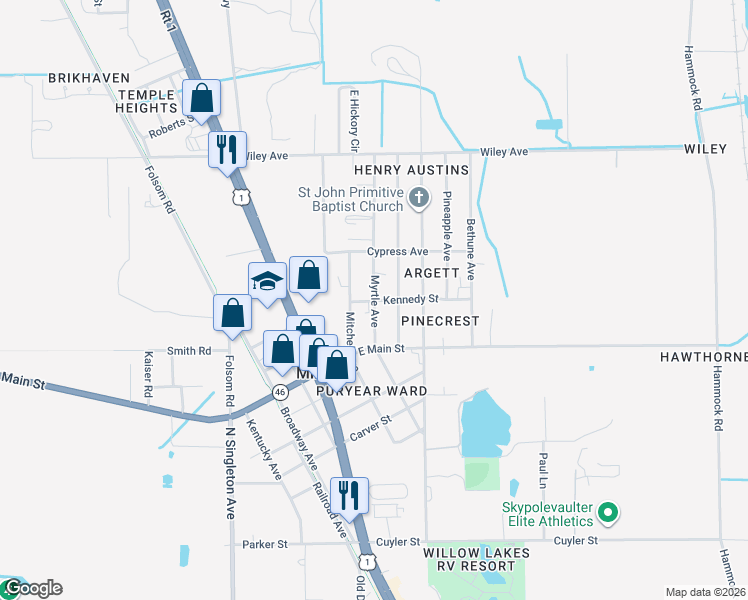 map of restaurants, bars, coffee shops, grocery stores, and more near 2570 Myrtle Avenue in Mims