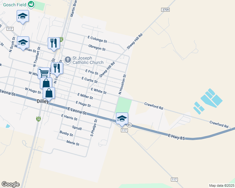 map of restaurants, bars, coffee shops, grocery stores, and more near 260 North Houston Street in Dilley