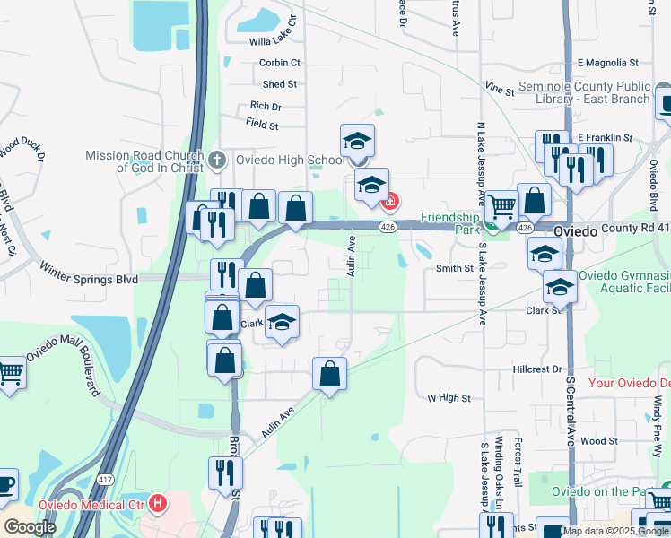 map of restaurants, bars, coffee shops, grocery stores, and more near 118 Dorell Court in Oviedo