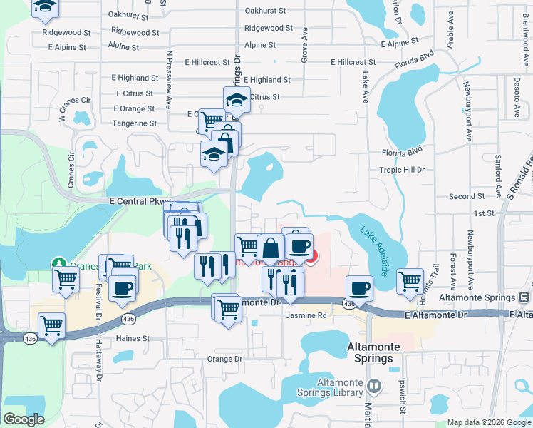 map of restaurants, bars, coffee shops, grocery stores, and more near 550 Windmeadows Street in Altamonte Springs