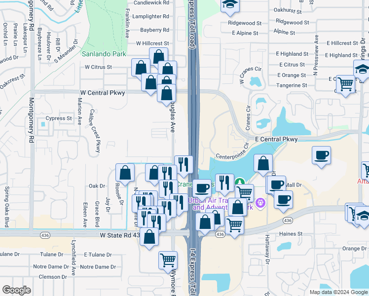 map of restaurants, bars, coffee shops, grocery stores, and more near 405 Douglas Avenue in Altamonte Springs