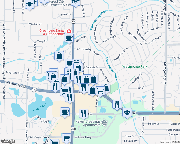 map of restaurants, bars, coffee shops, grocery stores, and more near 410 Alcazar Avenue in Altamonte Springs