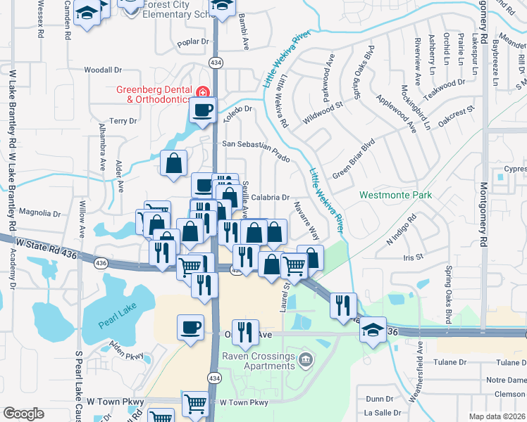 map of restaurants, bars, coffee shops, grocery stores, and more near 410 Alcazar Avenue in Altamonte Springs
