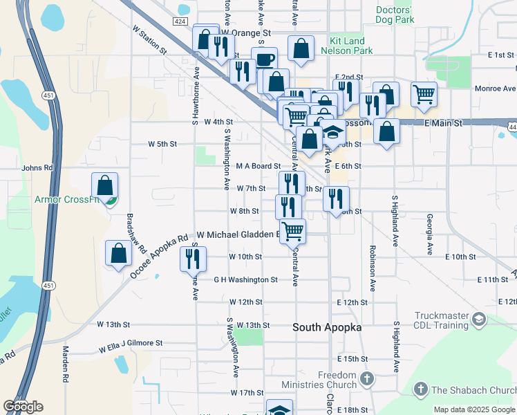 map of restaurants, bars, coffee shops, grocery stores, and more near 103 West 8th Street in Apopka