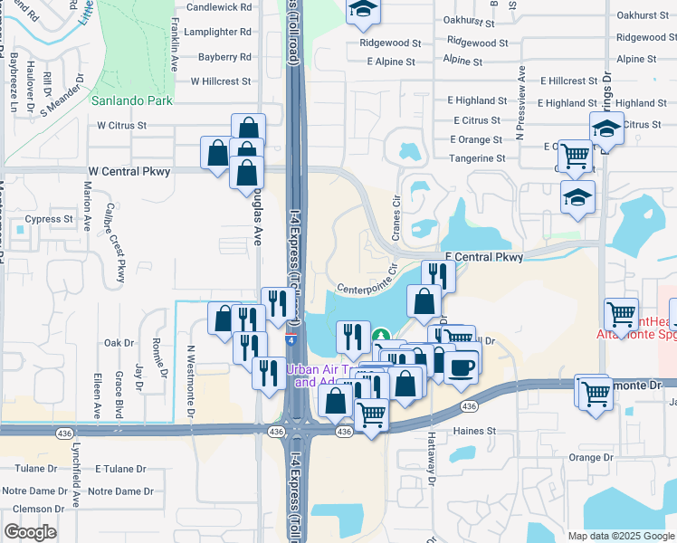 map of restaurants, bars, coffee shops, grocery stores, and more near 398 Center Pointe Circle in Altamonte Springs