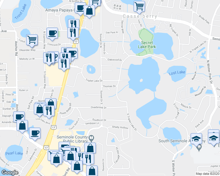 map of restaurants, bars, coffee shops, grocery stores, and more near 301 Casselgrove Cove in Casselberry