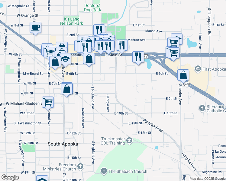 map of restaurants, bars, coffee shops, grocery stores, and more near 450 East 8th Street in Apopka