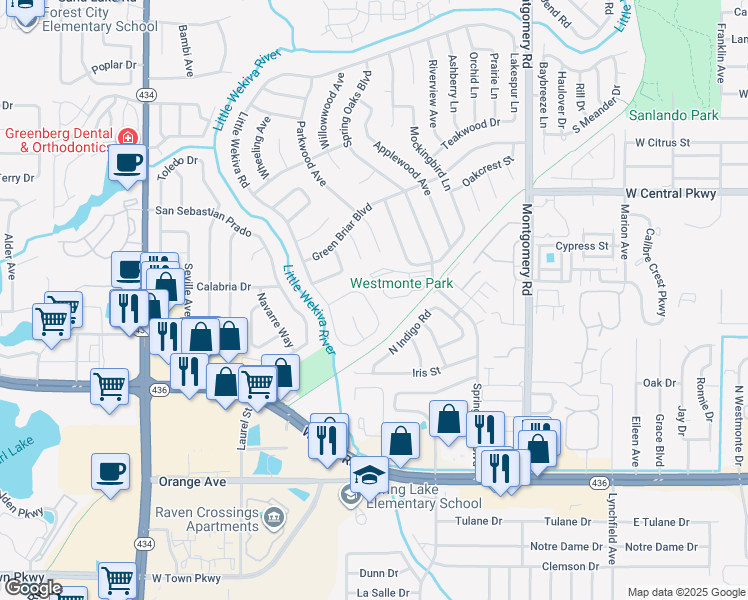 map of restaurants, bars, coffee shops, grocery stores, and more near 759 Little Wekiva Circle in Altamonte Springs