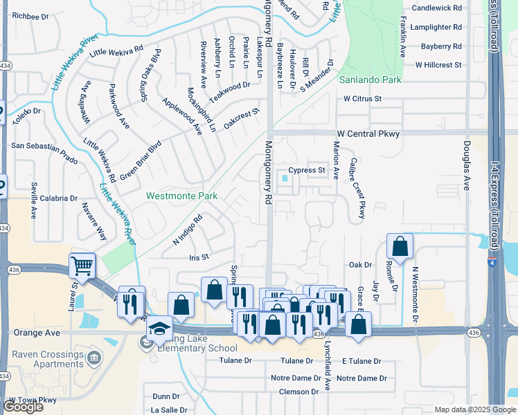 map of restaurants, bars, coffee shops, grocery stores, and more near 418 South Netherwood Crescent in Altamonte Springs