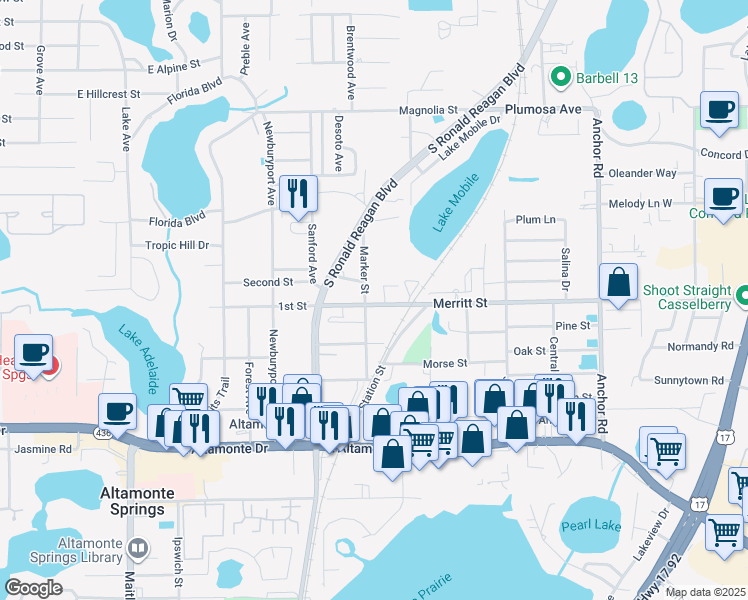 map of restaurants, bars, coffee shops, grocery stores, and more near in Seminole County