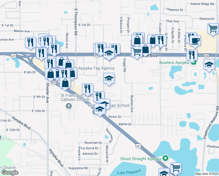 map of restaurants, bars, coffee shops, grocery stores, and more near 815 Roger Williams Road in Apopka