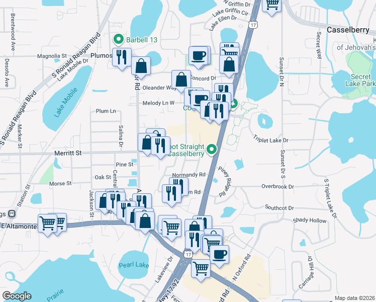 map of restaurants, bars, coffee shops, grocery stores, and more near 164 Lemon Lane in Casselberry