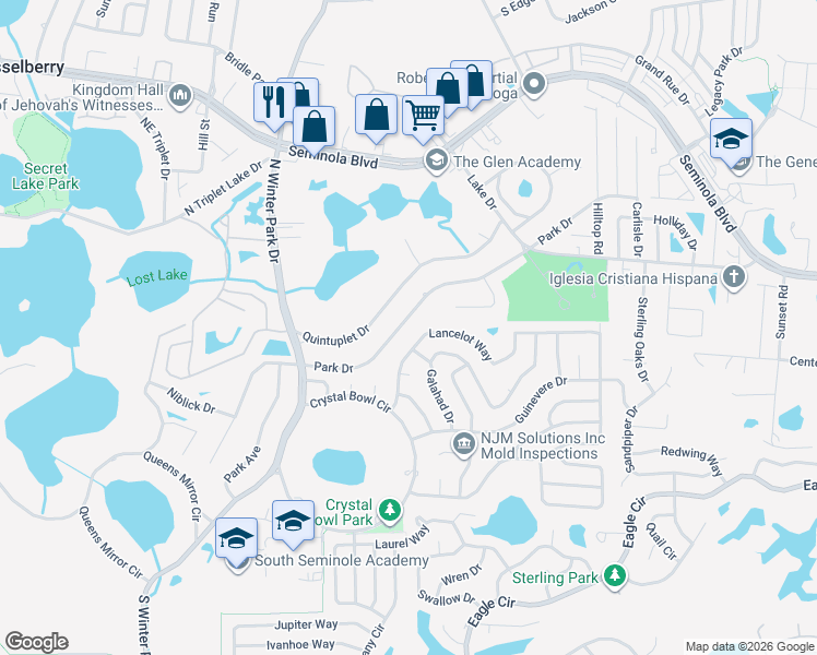 map of restaurants, bars, coffee shops, grocery stores, and more near 1176 Park Drive in Casselberry