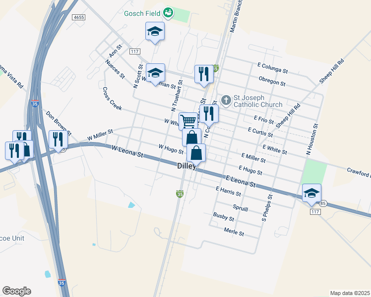 map of restaurants, bars, coffee shops, grocery stores, and more near 110 North Main Street in Dilley