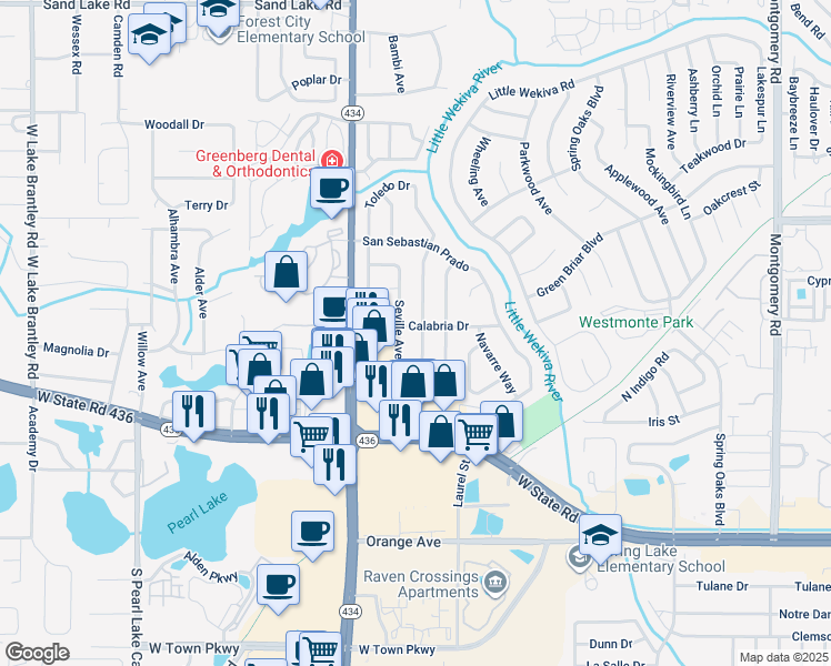 map of restaurants, bars, coffee shops, grocery stores, and more near 503 Seville Avenue in Altamonte Springs
