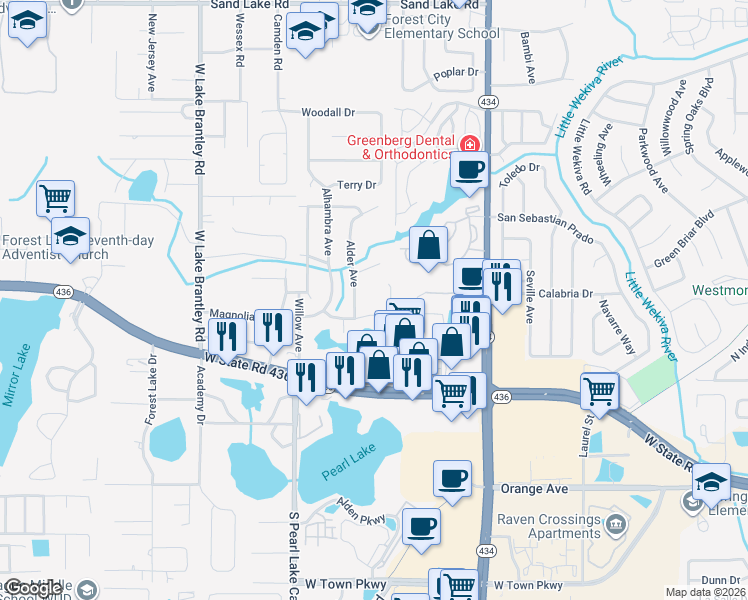 map of restaurants, bars, coffee shops, grocery stores, and more near 495 Maple Street in Altamonte Springs