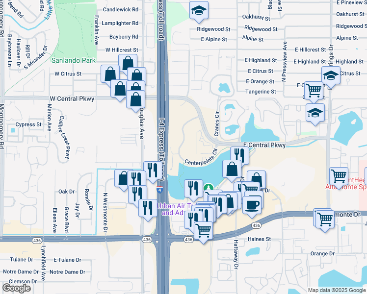 map of restaurants, bars, coffee shops, grocery stores, and more near 407 Center Pointe Circle in Altamonte Springs