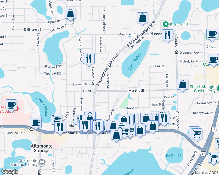 map of restaurants, bars, coffee shops, grocery stores, and more near 311 Marker Street in Altamonte Springs