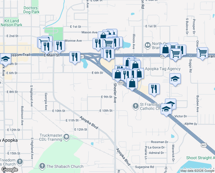 map of restaurants, bars, coffee shops, grocery stores, and more near 626 Sheeler Avenue in Apopka