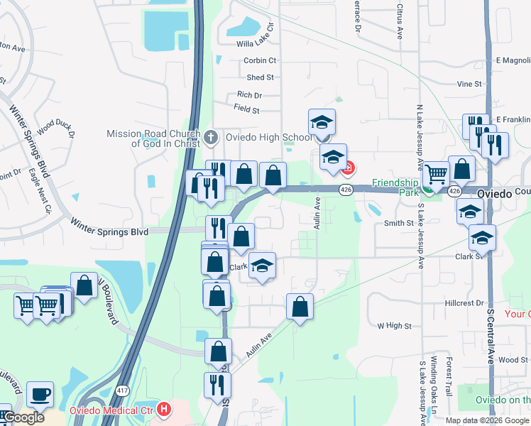 map of restaurants, bars, coffee shops, grocery stores, and more near 820 West Broadway Street in Oviedo