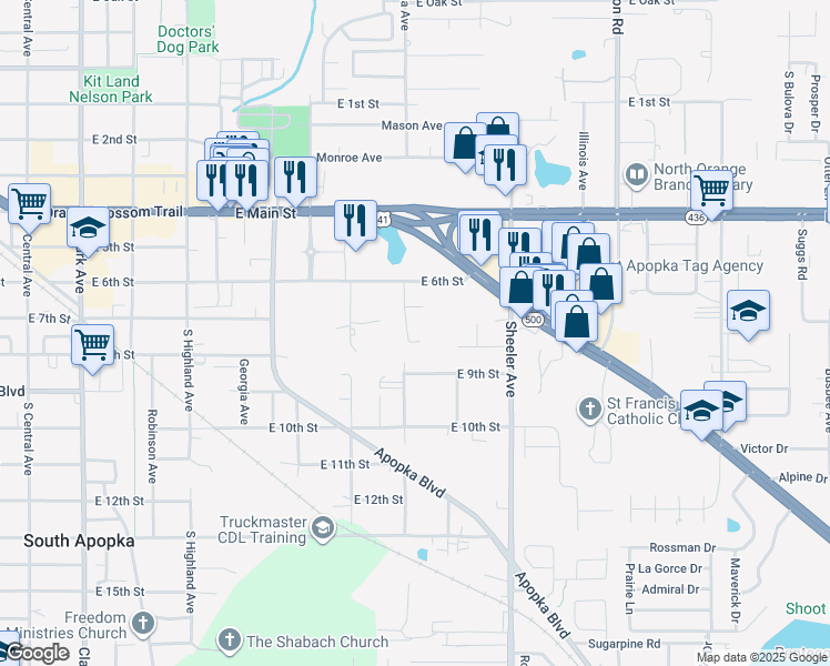 map of restaurants, bars, coffee shops, grocery stores, and more near 655 Vine Court in Apopka