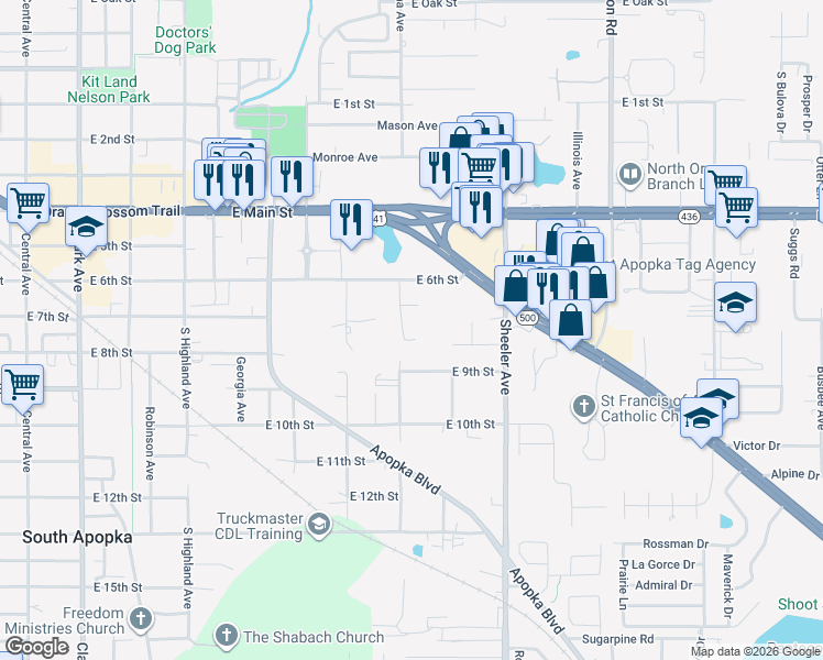 map of restaurants, bars, coffee shops, grocery stores, and more near 655 Vine Court in Apopka