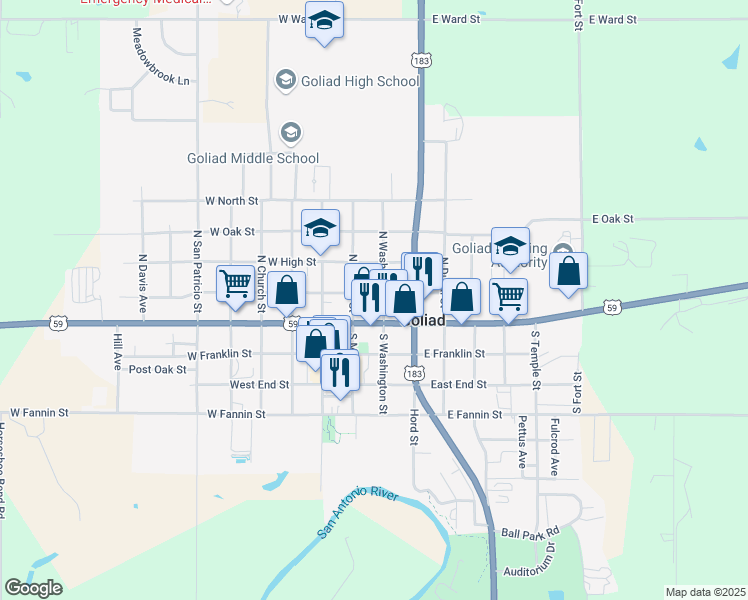 map of restaurants, bars, coffee shops, grocery stores, and more near 246 East Garden Street in Goliad