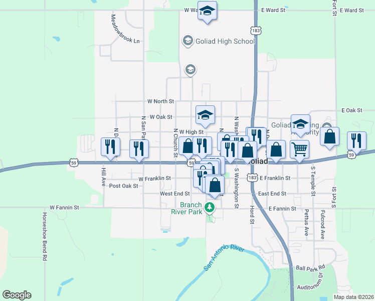 map of restaurants, bars, coffee shops, grocery stores, and more near 146 West Garden Street in Goliad