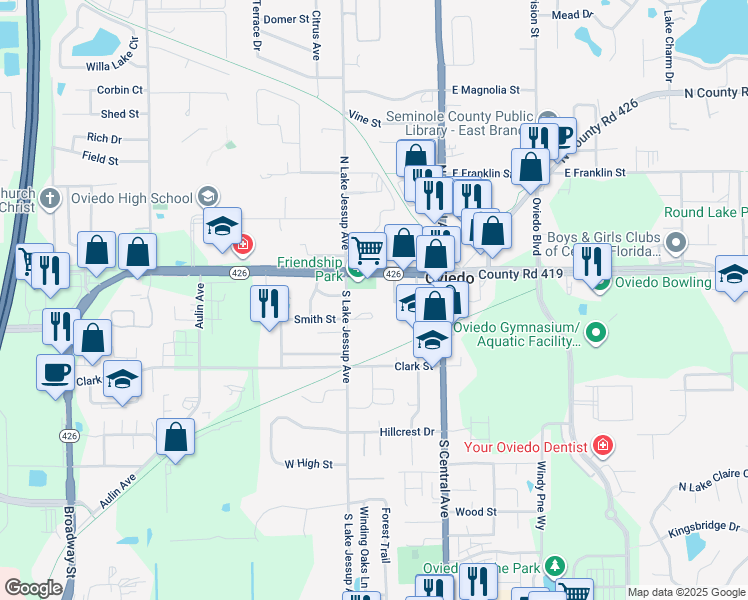 map of restaurants, bars, coffee shops, grocery stores, and more near 151 Graham Avenue in Oviedo