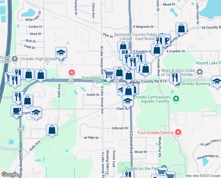 map of restaurants, bars, coffee shops, grocery stores, and more near 151 Graham Avenue in Oviedo
