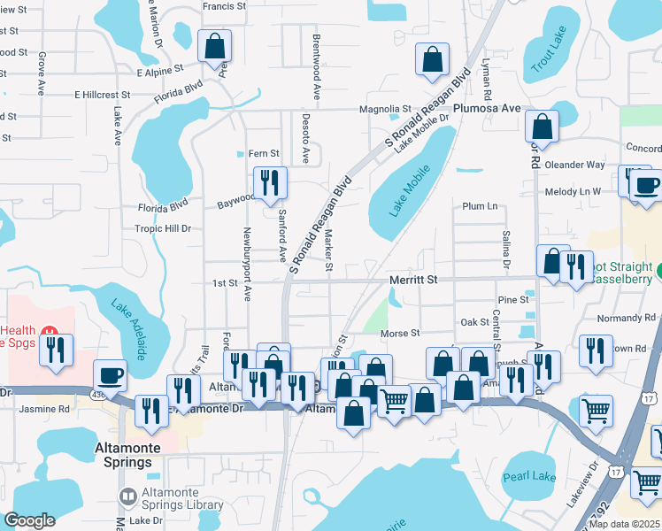 map of restaurants, bars, coffee shops, grocery stores, and more near 307 Marker Street in Altamonte Springs