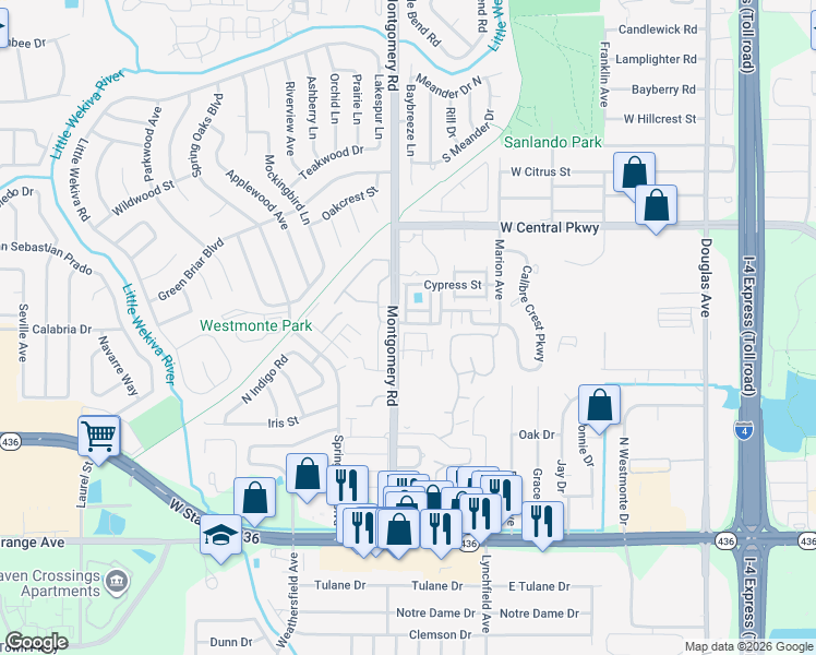 map of restaurants, bars, coffee shops, grocery stores, and more near 495 Tamarack Street in Altamonte Springs