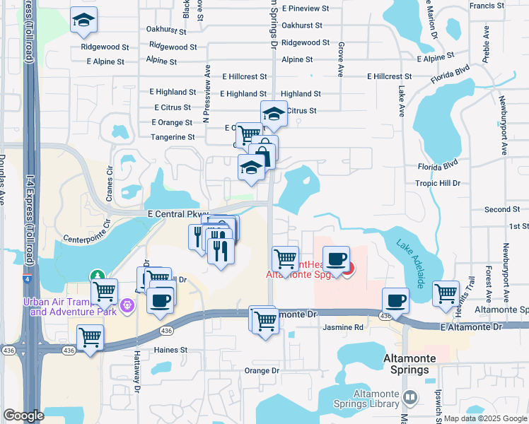 map of restaurants, bars, coffee shops, grocery stores, and more near 498 Palm Springs Drive in Altamonte Springs