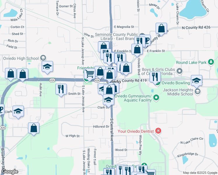 map of restaurants, bars, coffee shops, grocery stores, and more near 71 South Central Avenue in Oviedo