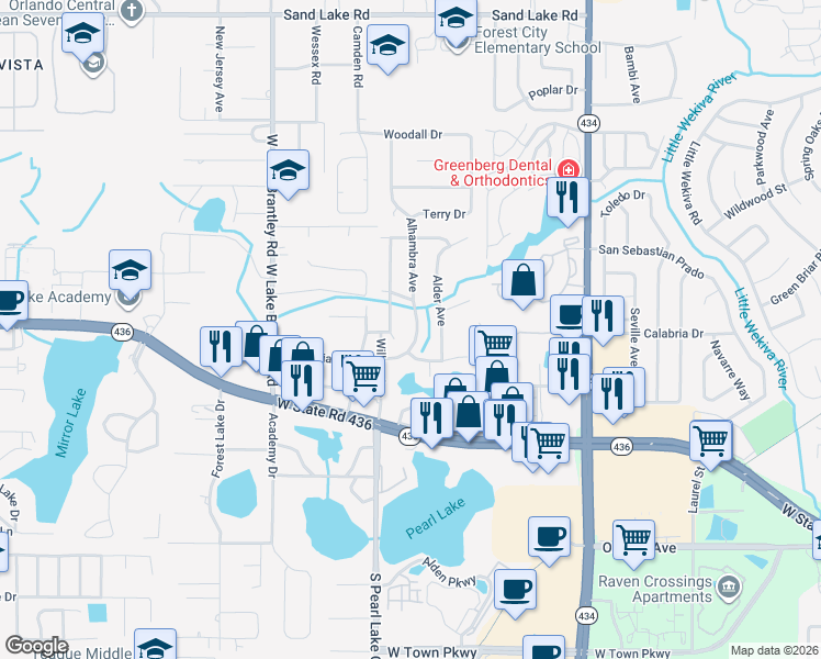 map of restaurants, bars, coffee shops, grocery stores, and more near 124 Alhambra Avenue in Altamonte Springs