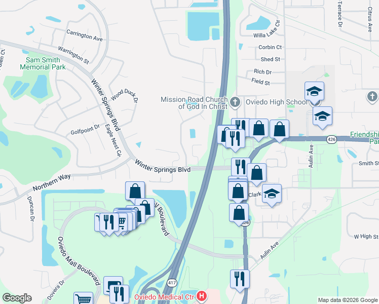 map of restaurants, bars, coffee shops, grocery stores, and more near 50 Oak Bend Court in Oviedo