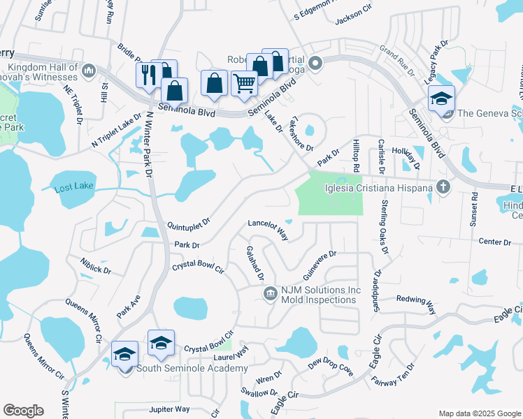 map of restaurants, bars, coffee shops, grocery stores, and more near 1200 Rolling Lane in Casselberry