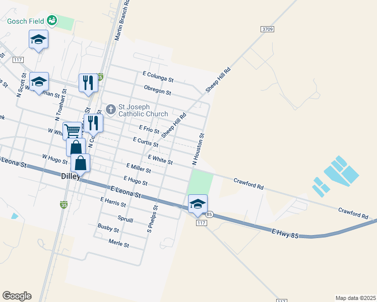 map of restaurants, bars, coffee shops, grocery stores, and more near 420 East Curtis Street in Dilley