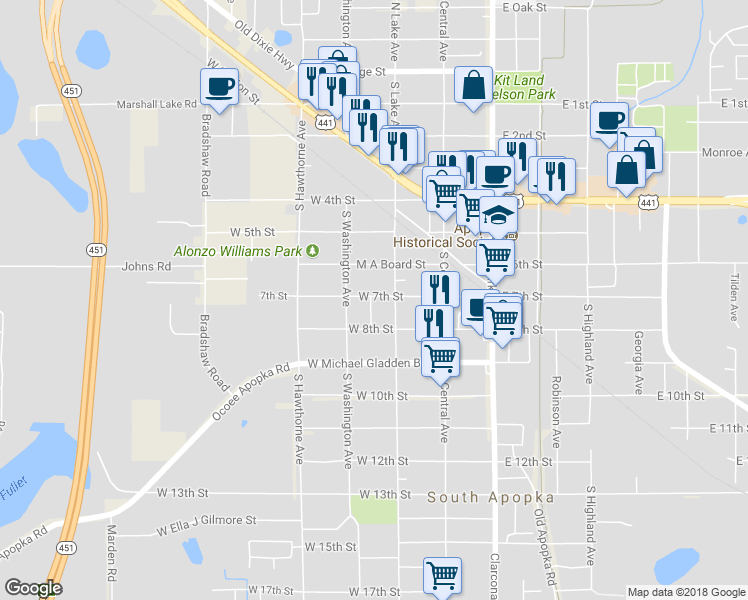 map of restaurants, bars, coffee shops, grocery stores, and more near 126 West 7th Street in Apopka