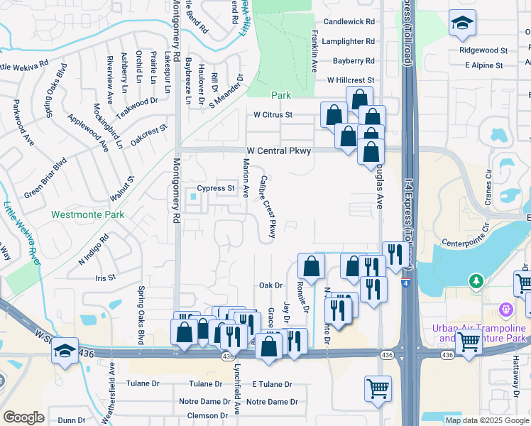 map of restaurants, bars, coffee shops, grocery stores, and more near 586 Calibre Crest Parkway in Altamonte Springs